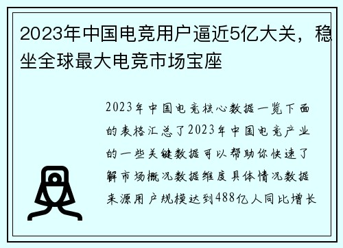 2023年中国电竞用户逼近5亿大关，稳坐全球最大电竞市场宝座
